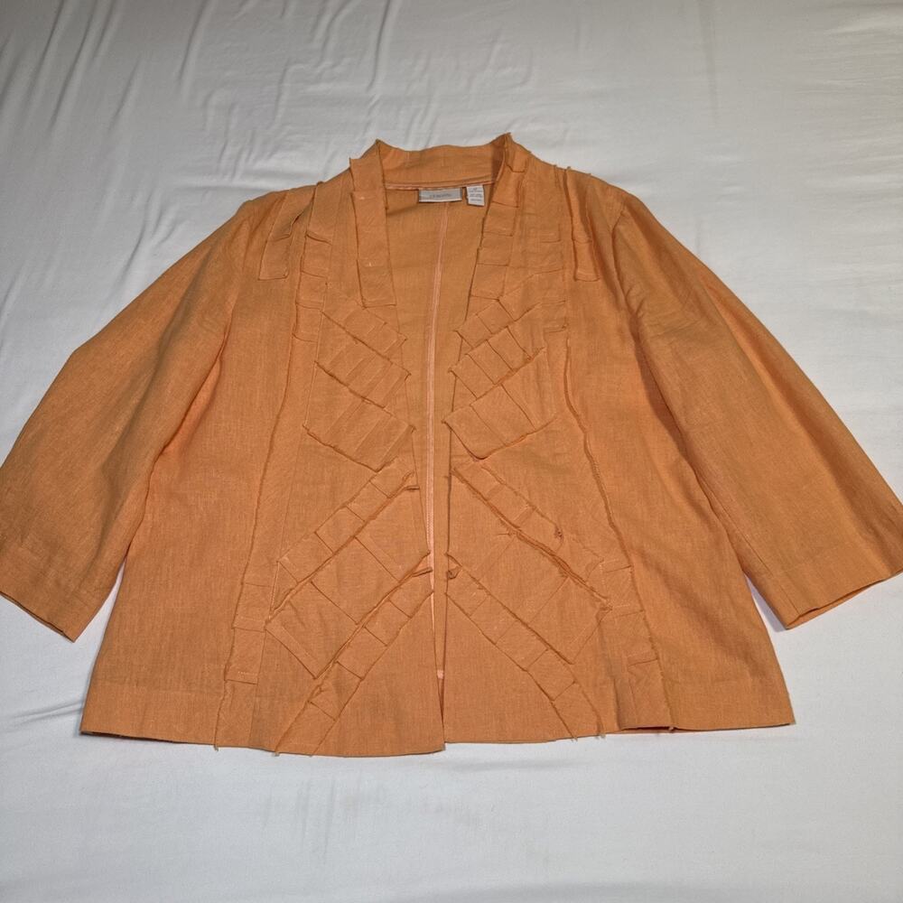 Chicos 2 Blazer Open Front Jacket Linen Blend Womens Orange 3/4 Sleeve Artsy EUC
